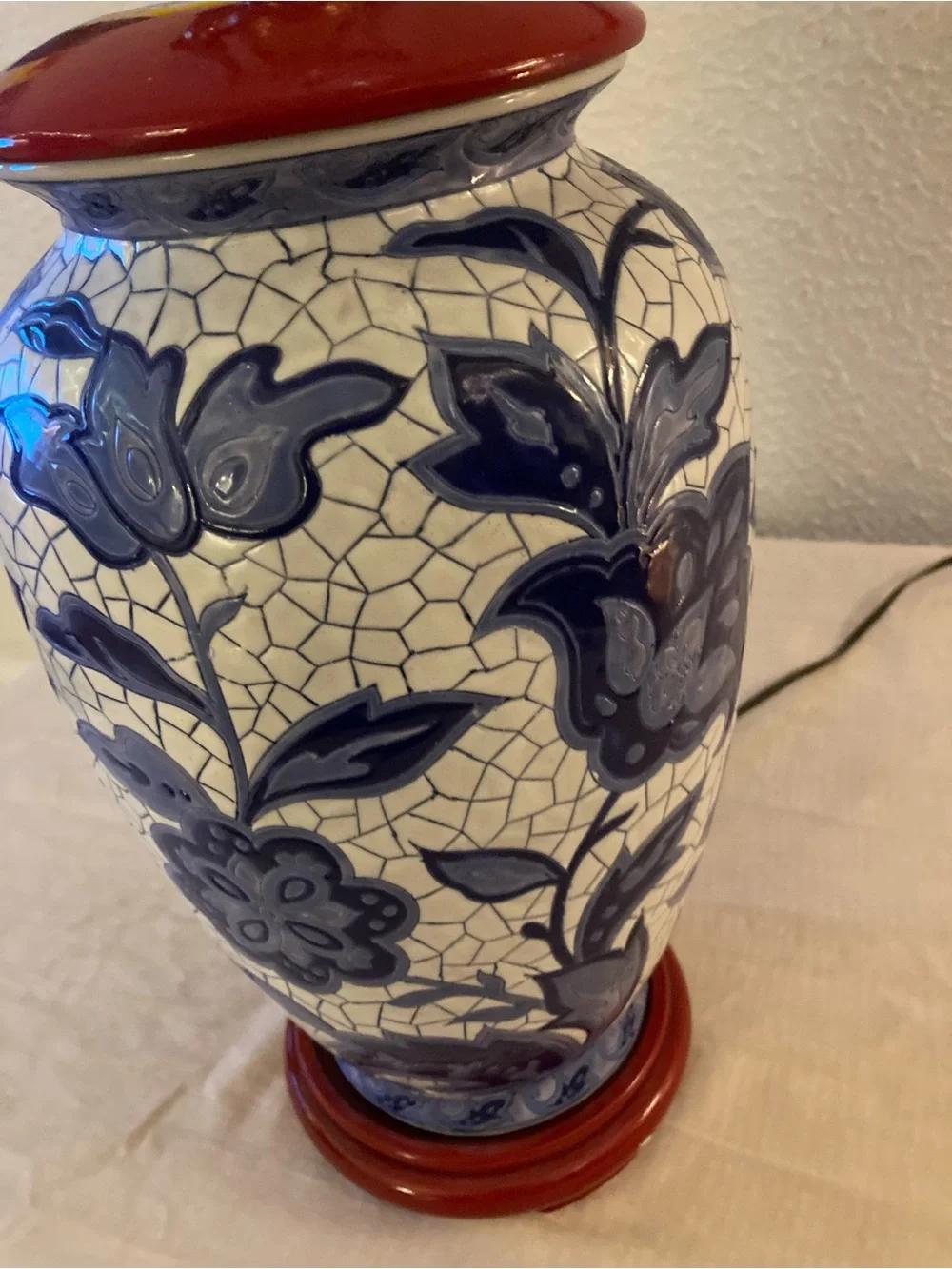 Vintage Blue and White Floral Ceramic Lamp with Red Accents